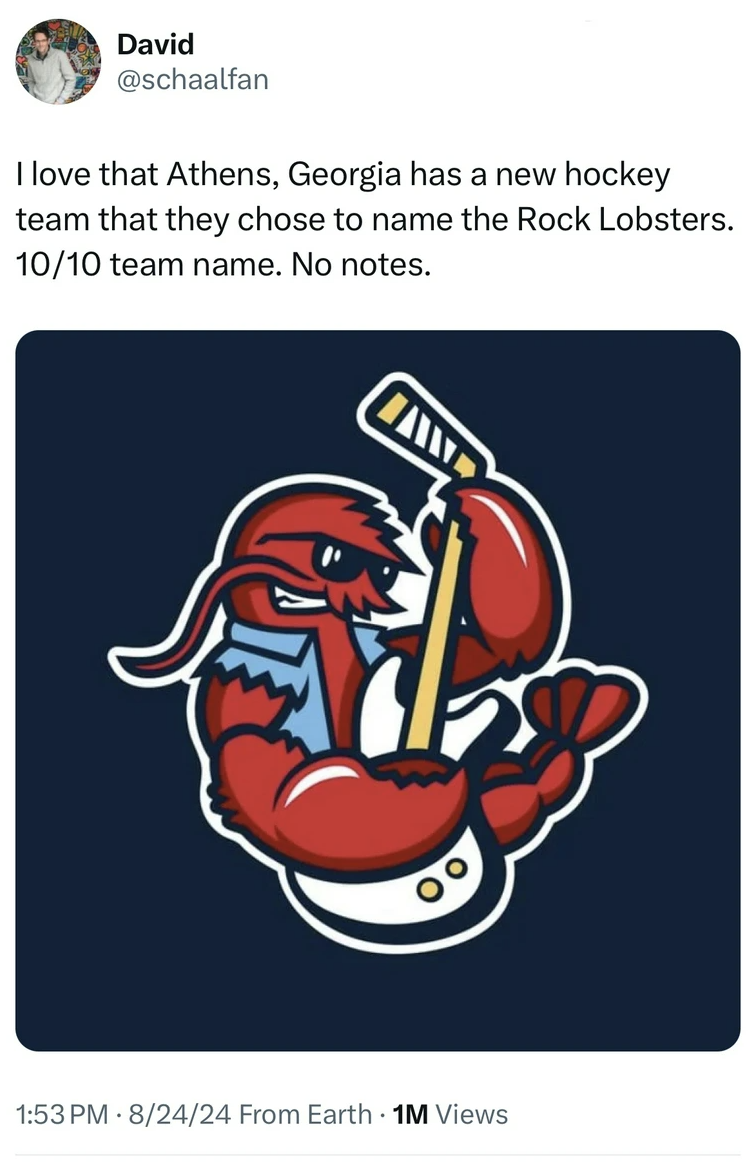 athens rock lobsters logo - David I love that Athens, Georgia has a new hockey team that they chose to name the Rock Lobsters. 1010 team name. No notes. Pm82424 From Earth 1M Views